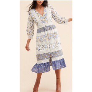 Anthropologie Blue and White Floral Midi Dress